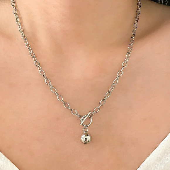925 Sterling Silver Chunky Toggle Ball Necklace Minimalist Ball Pendant Necklace - Picture 2 of 4